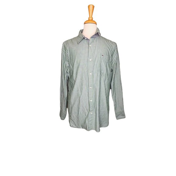 Tommy Hilfiger Mens Striped Button Up Long Sleeve Shirt Green and White Shirt - Picture 1 of 11